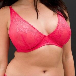 Soma Sensual Unlined Plunge Bra 38D Lace Red Sheer Heart’s Desire EUC